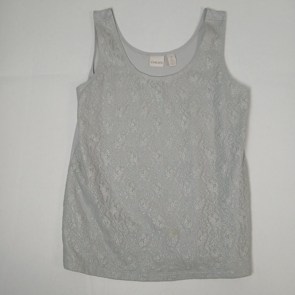 Tank Top Womens 2 Silver Gray Lace Sleeveless Peasant Y2K Style Sparkle Blouse